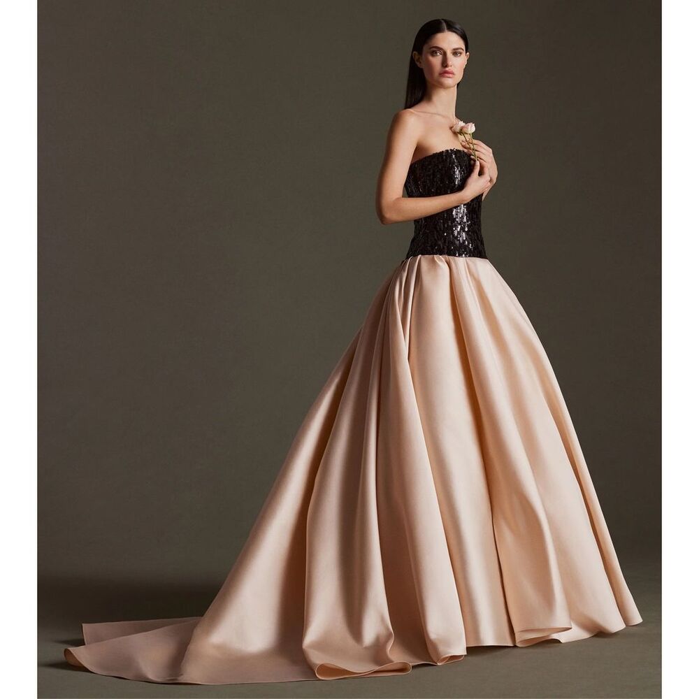 NWT Pamella Roland Mixed-Media Sequin-Embroidered Gown Blush Black Size 10 $4895